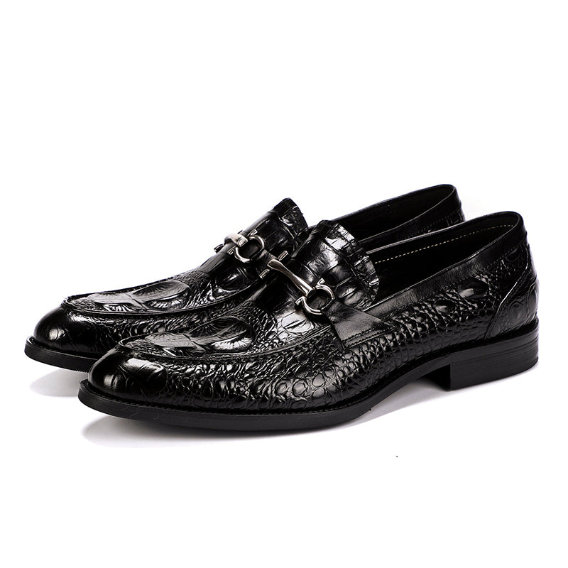 Men's Loafers Crocodile-Textured Leather Shoes with Metal Buckle