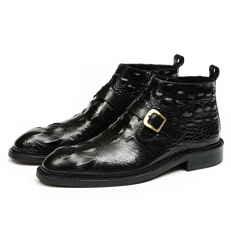 Men's Leather Chelsea Boots with Adjustable Buckle & Elastic Sides