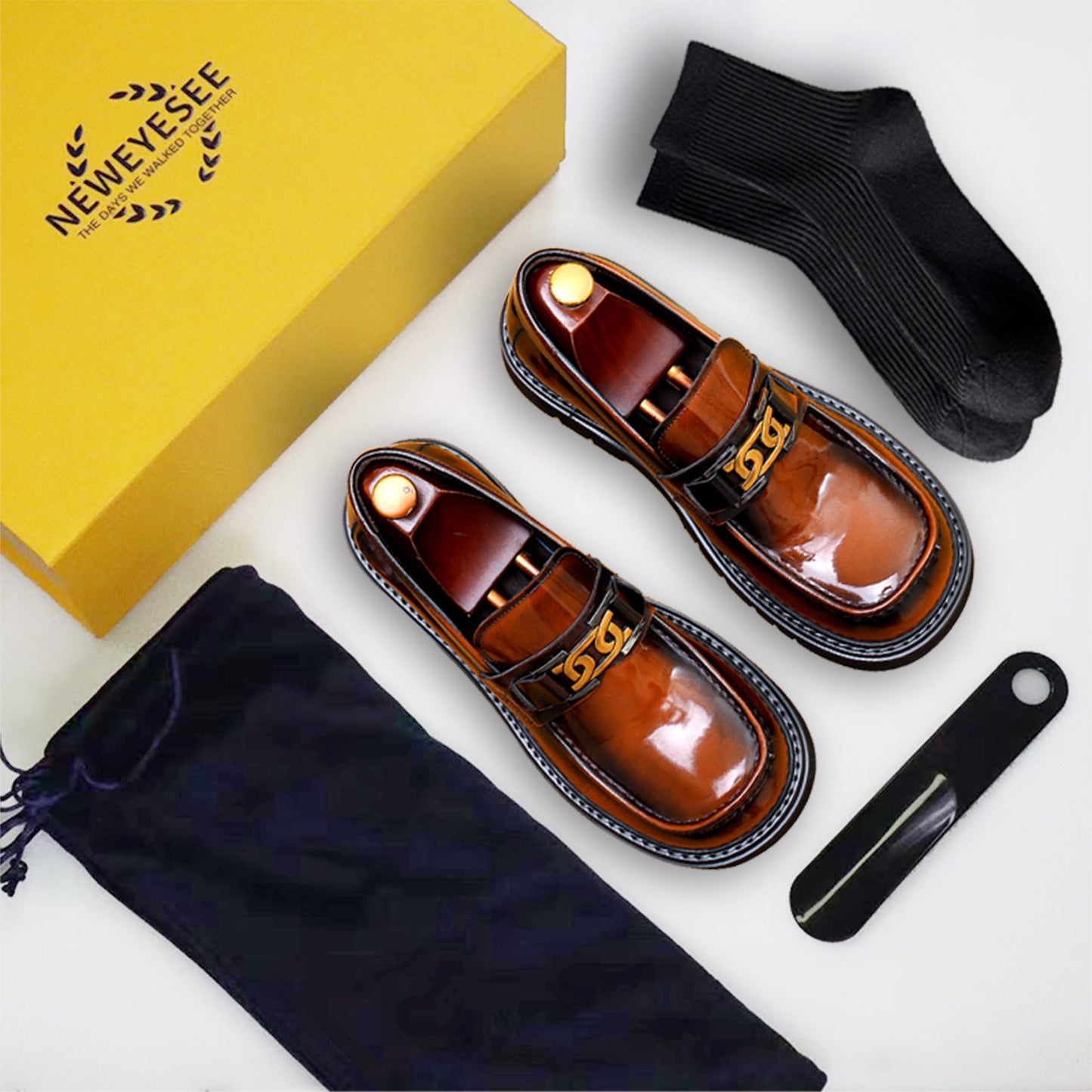 Calfskin Loafers Shoes with Horsebit Glossy Square Toe