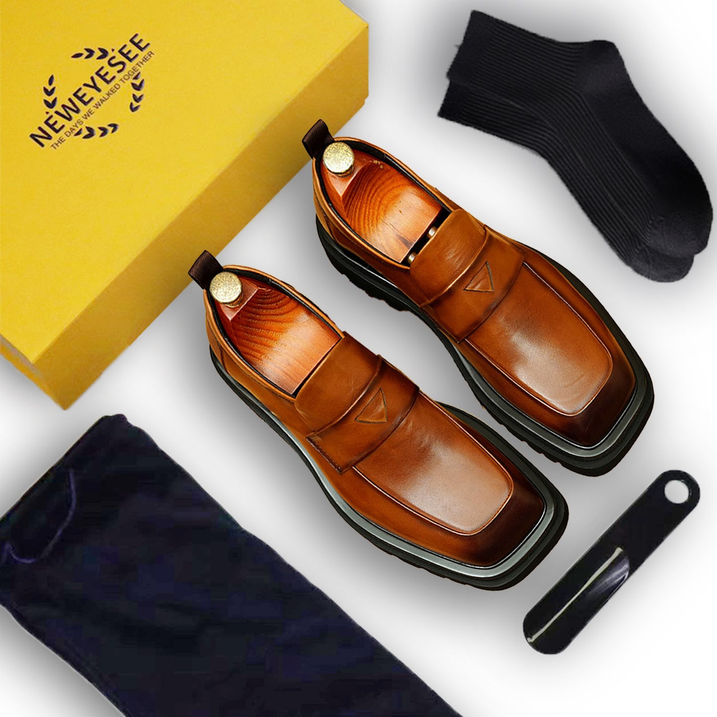 Calf Leather Loafers Shoes for Men Glossy Square Toe