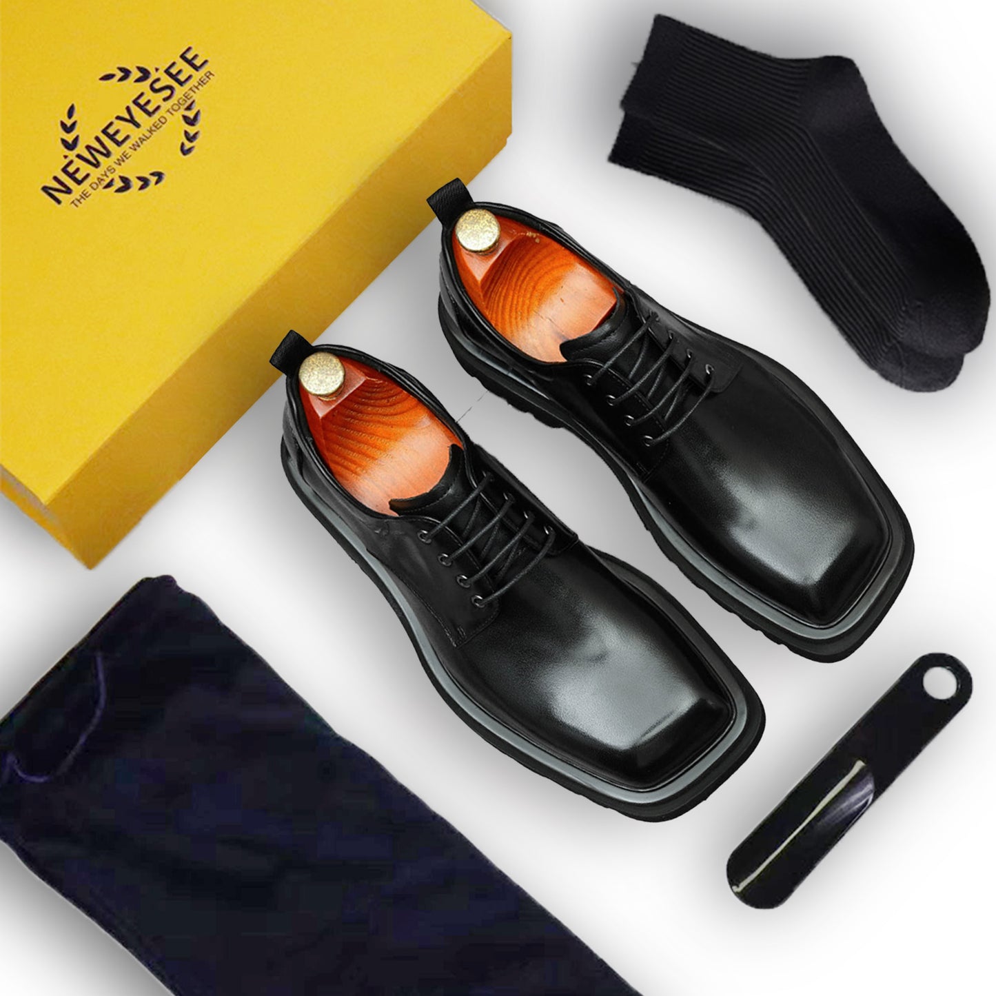 Calf Leather Derby Shoes for Men Glossy Square Toe