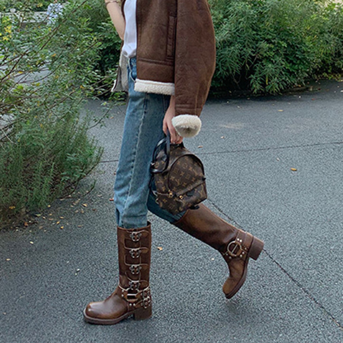 Women's Knee-High Boots with Edgy Metal Buckle Detail & Chunky Heel