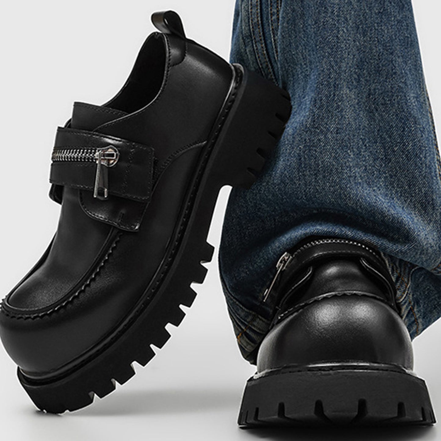 Men's Loafers Shoes: Chunky Platform Sole with Double-Strap Zipper Detail