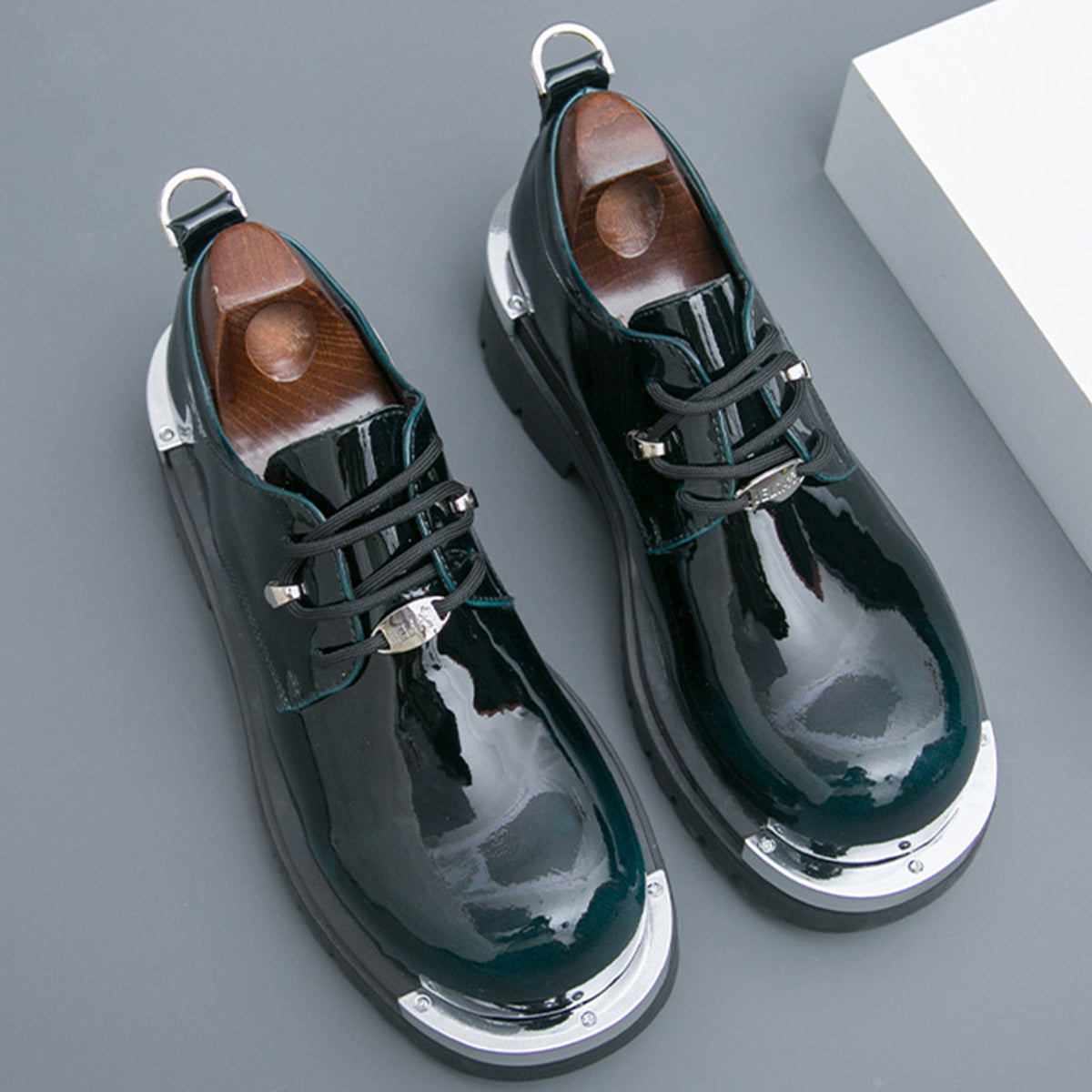 Men's  Glossy Derby Shoes | with Metal Toe Cap & Chunky Lug Sole