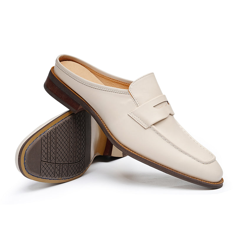 Men’s Cream Leather Backless Loafers