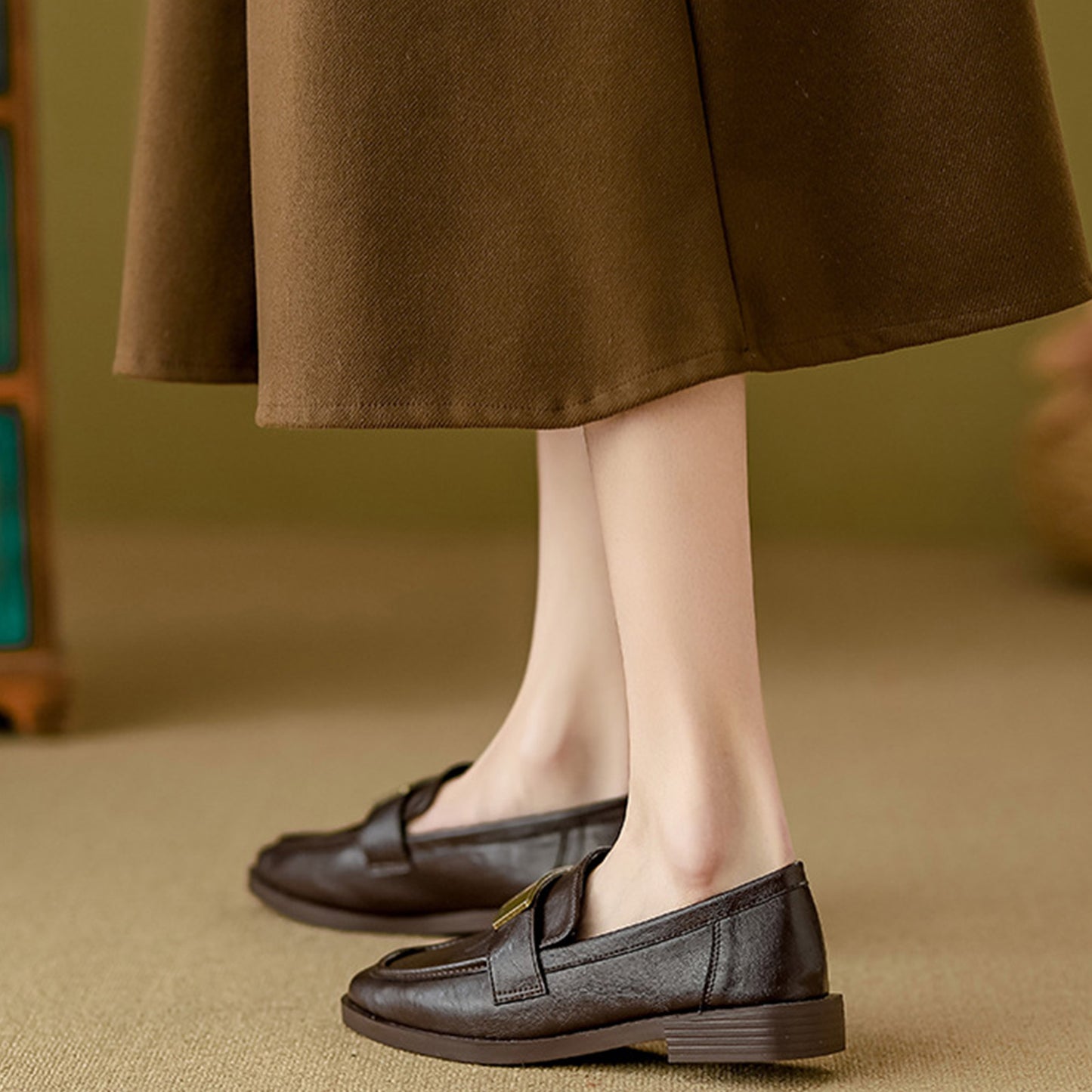 Women's Textured Leather Loafers with Metal-Plate Detail