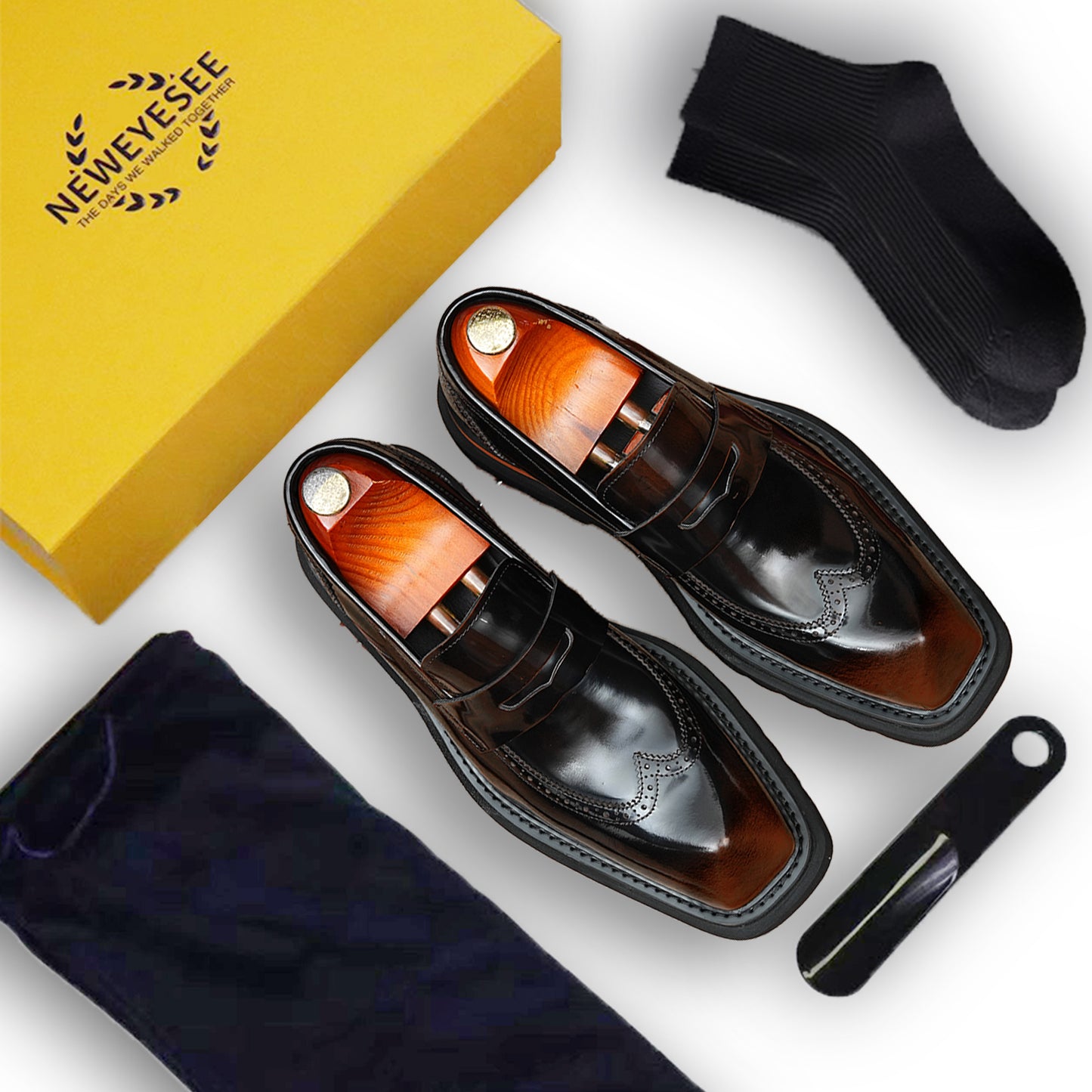 Sculptural Square-Toe Men's Loafers: Curated Brogue Accents & Substantial Sole
