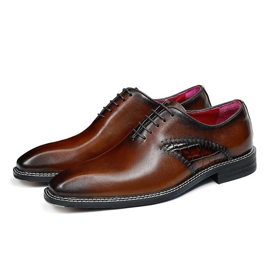 Men's Sleek Lace-Up Oxfords | with Woven Side Detail & Glossy Finish