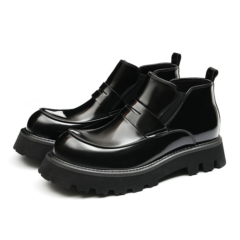 Calfskin Chelsea Boots Men Leather Shoes Glossy Large Toe