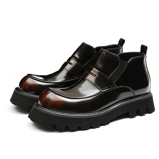 Calfskin Chelsea Boots Men Leather Shoes Glossy Large Toe