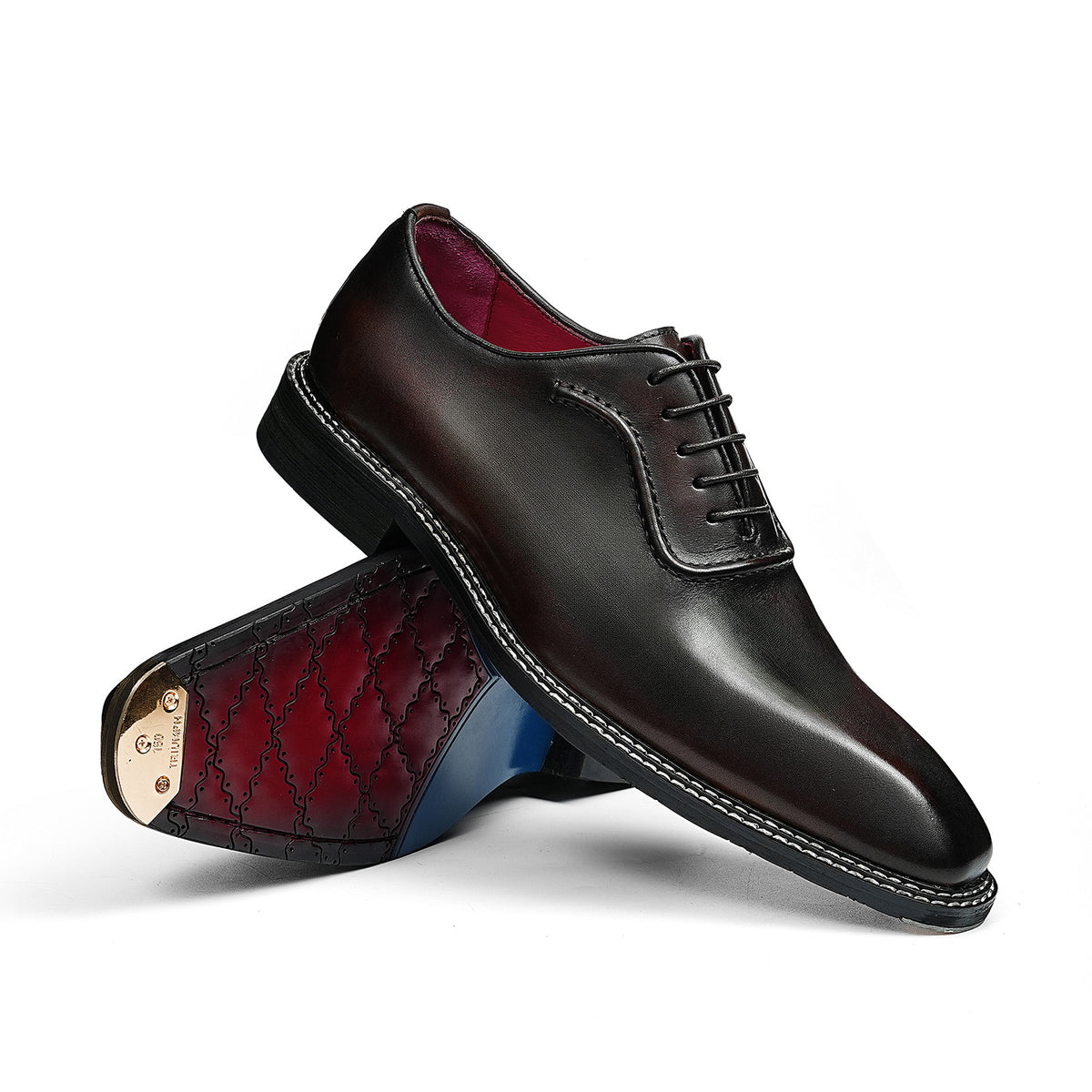 Men's Classic Glossy Lace-Up Oxfords | with Contrast Stitching & Vivid Lining