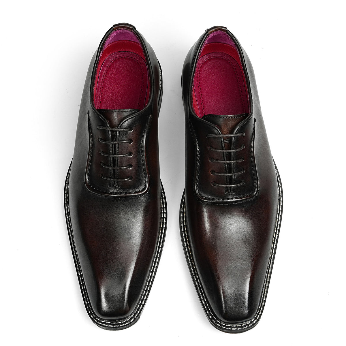 Men's Classic Glossy Lace-Up Oxfords | with Contrast Stitching & Vivid Lining