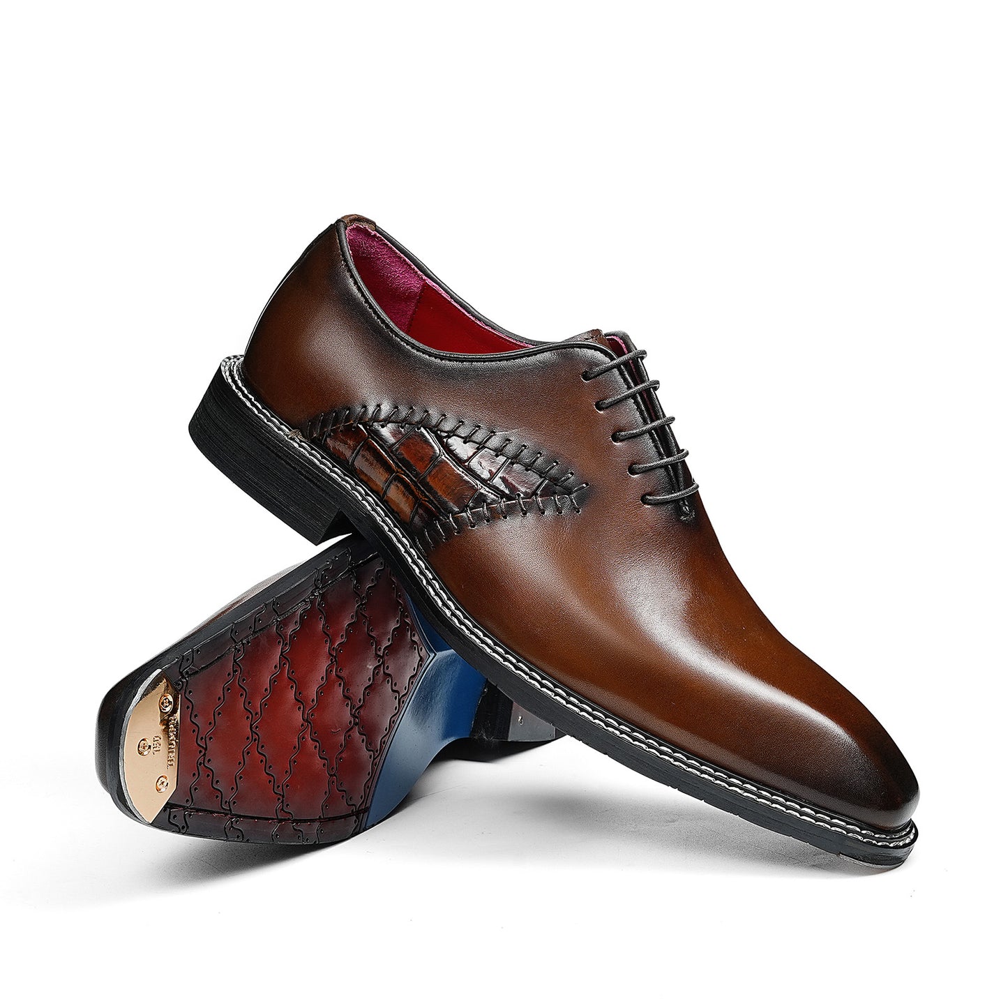 Men's Sleek Lace-Up Oxfords | with Woven Side Detail & Glossy Finish
