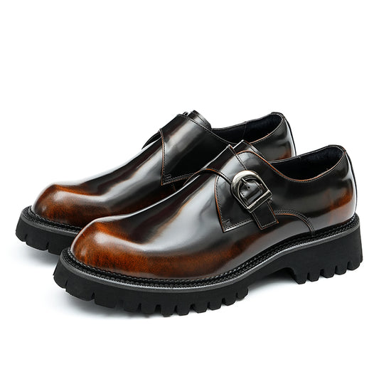 Calfskin Monk Shoes Glossy Large Toe Slip-On Men Leather Shoes
