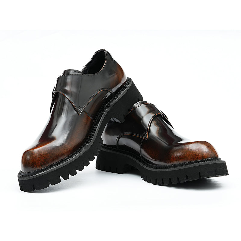 Calfskin Monk Shoes Glossy Large Toe Slip-On Men Leather Shoes