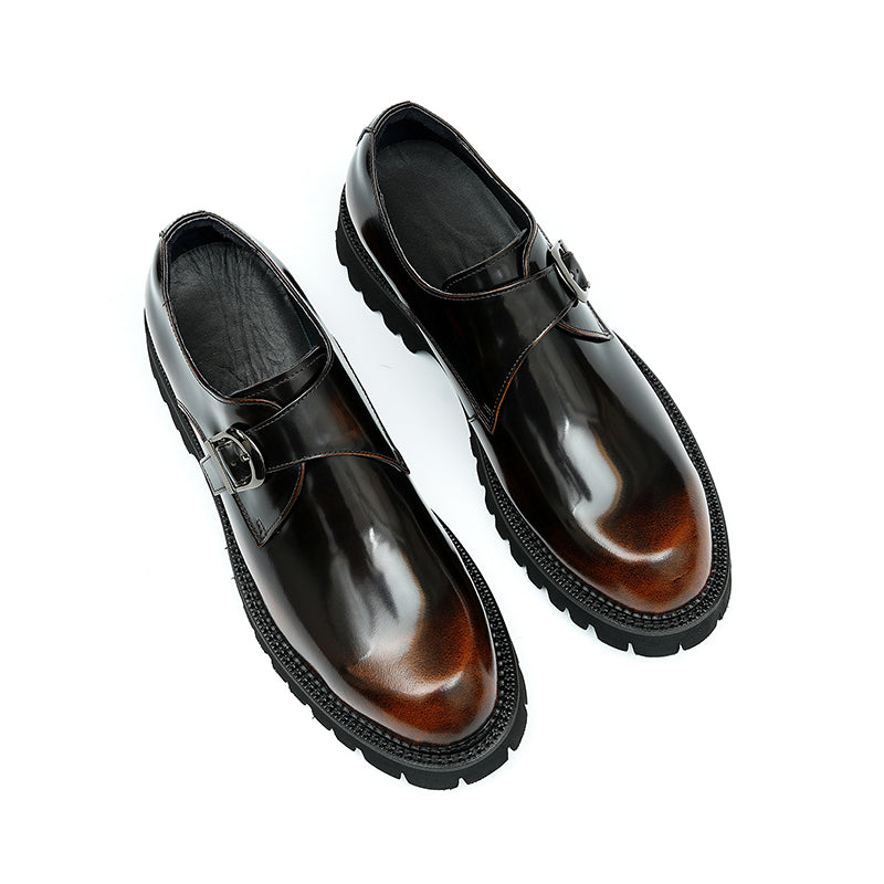 Calfskin Monk Shoes Glossy Large Toe Slip-On Men Leather Shoes