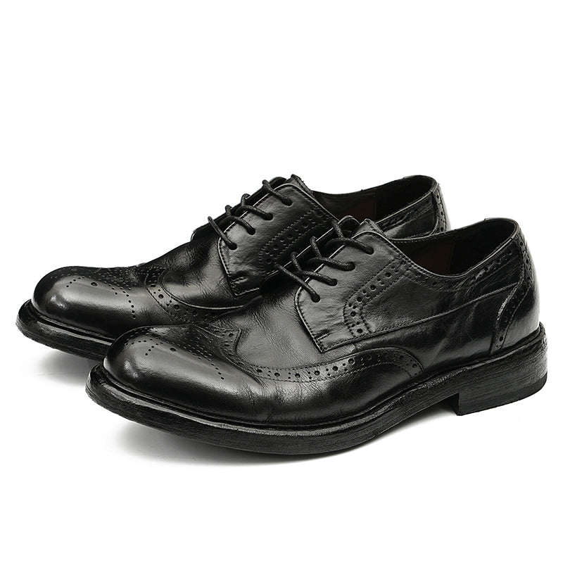 Classical Brogue Derby Shoes for Men – Genuine Horsehide Leather Goodyear Welted Washing Process
