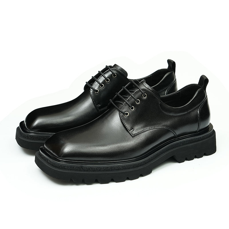 Calf Leather Derby Shoes for Men Glossy Square Toe