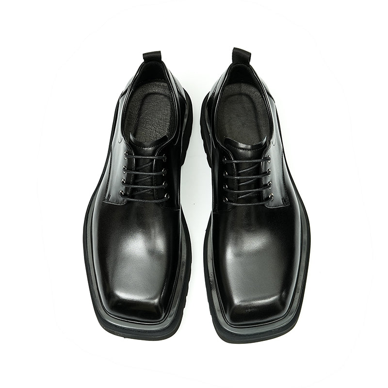 Calf Leather Derby Shoes for Men Glossy Square Toe