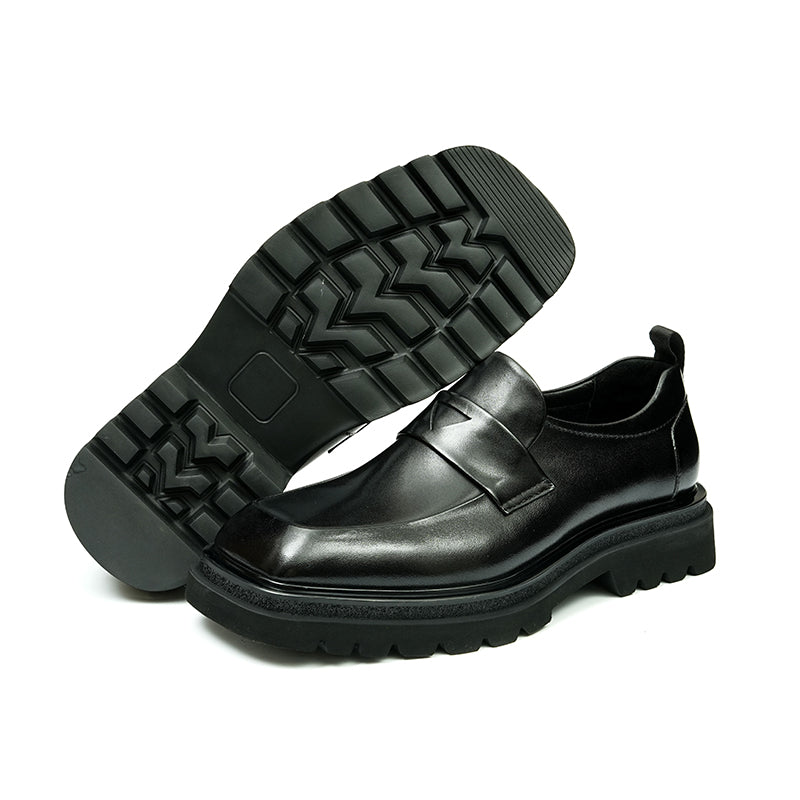 Calf Leather Loafers Shoes for Men Glossy Square Toe