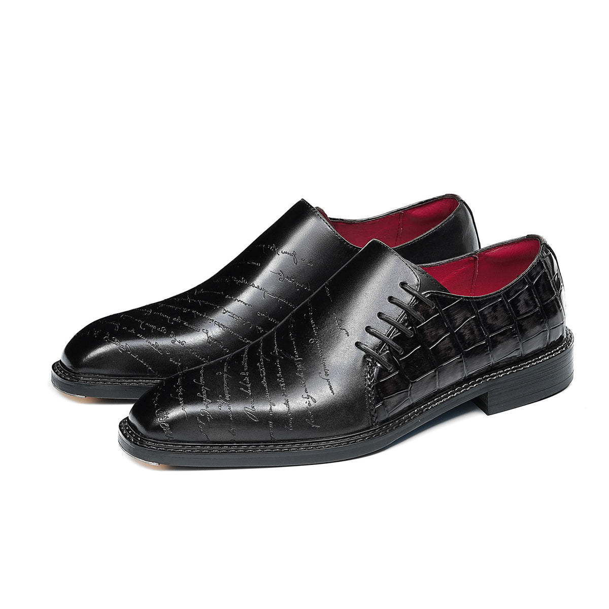 Men's Embossed Lace-Up Oxfords | with Glossy Finish & Vibrant Lining
