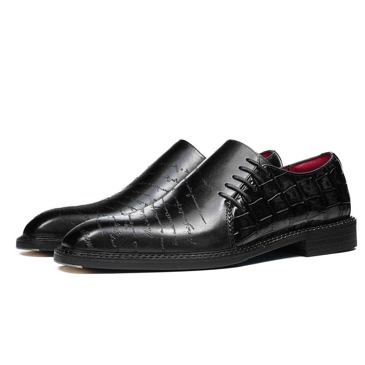 Men's Embossed Lace-Up Oxfords | with Glossy Finish & Vibrant Lining