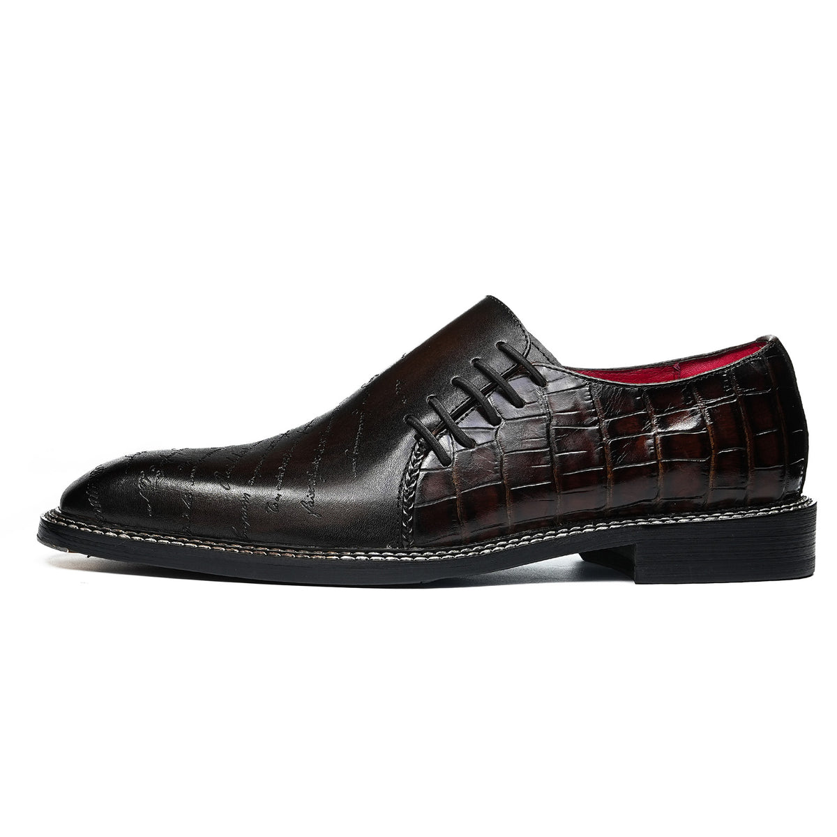 Men's Embossed Lace-Up Oxfords | with Glossy Finish & Vibrant Lining