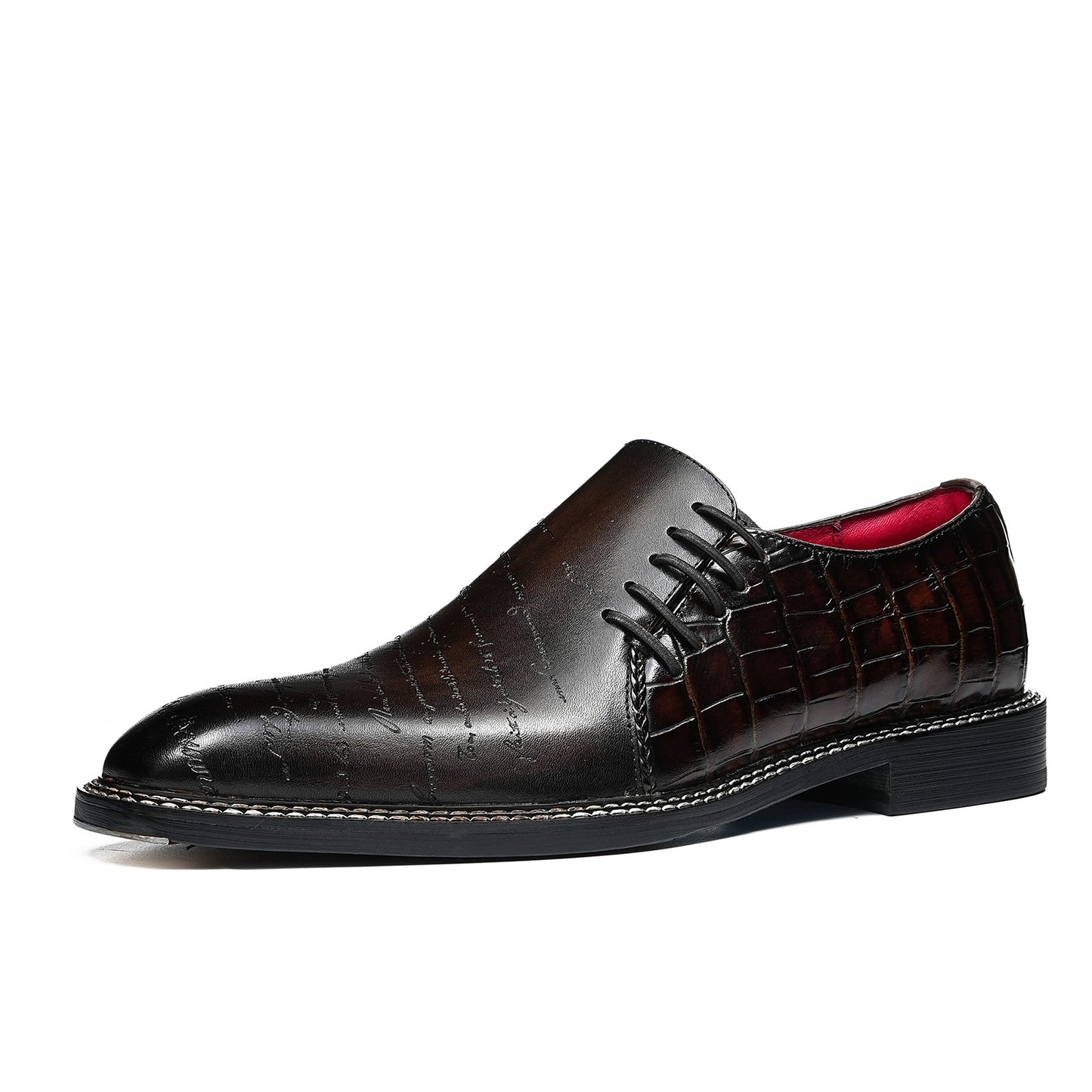 Men's Embossed Lace-Up Oxfords | with Glossy Finish & Vibrant Lining