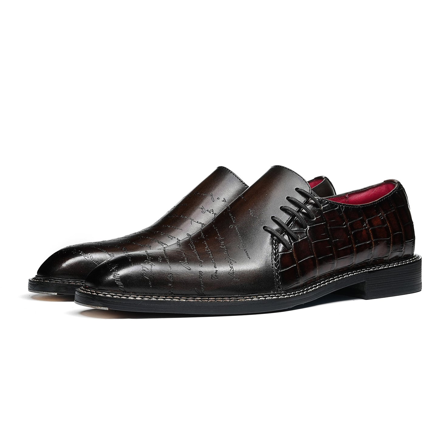 Men's Embossed Lace-Up Oxfords | with Glossy Finish & Vibrant Lining