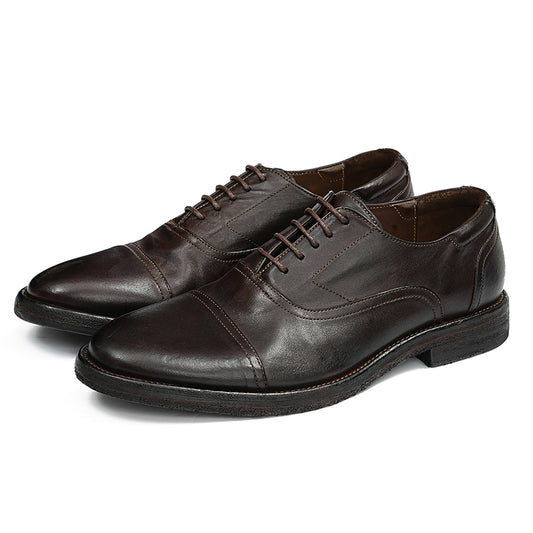Oxford Shoes Horsehide Lace-Up Handmade Leather Shoes for Men Goodyear Welted Retro Style Washing Process