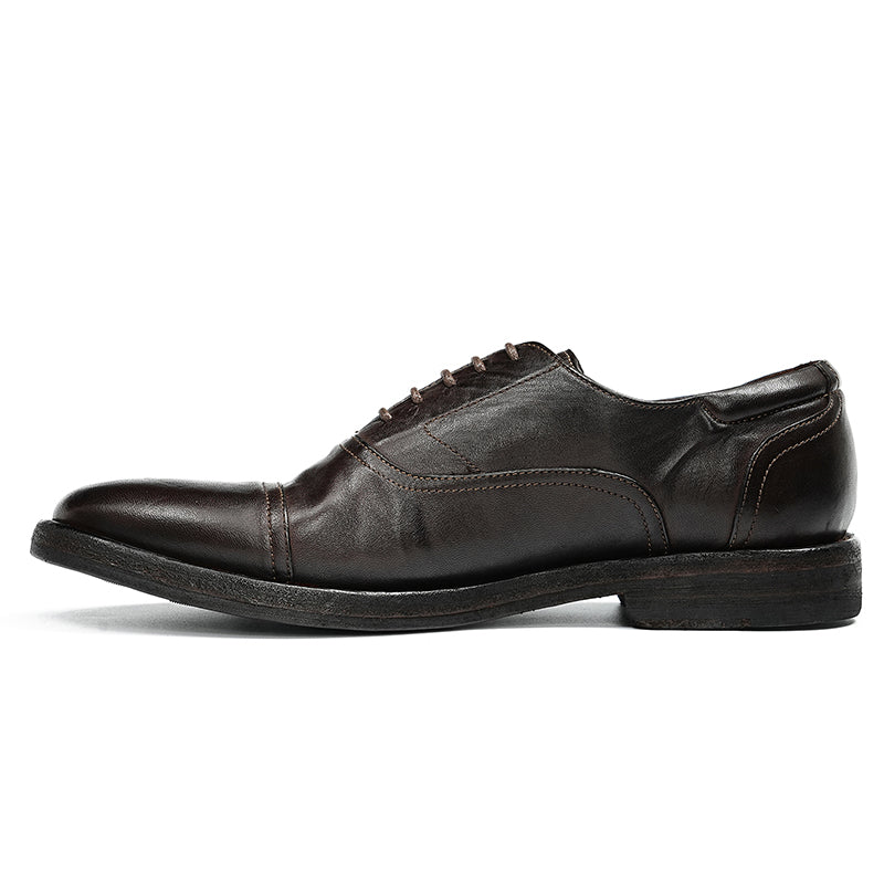 Oxford Shoes Horsehide Lace-Up Handmade Leather Shoes for Men Goodyear Welted Retro Style Washing Process