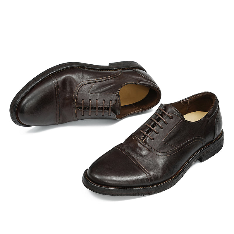 Oxford Shoes Horsehide Lace-Up Handmade Leather Shoes for Men Goodyear Welted Retro Style Washing Process