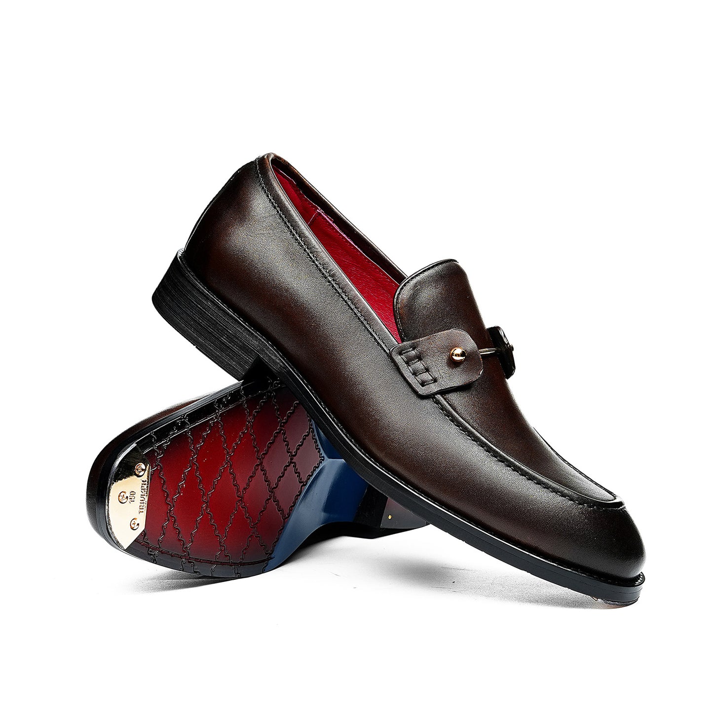 Men's Glossy Slip-On Loafers | with Metal Stud Strap  & Vivid Lining