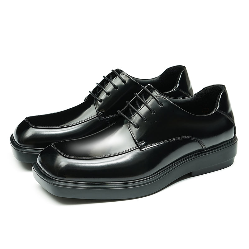 Calfskin Derby Shoes Men Leather Shoes Glossy Square Toe