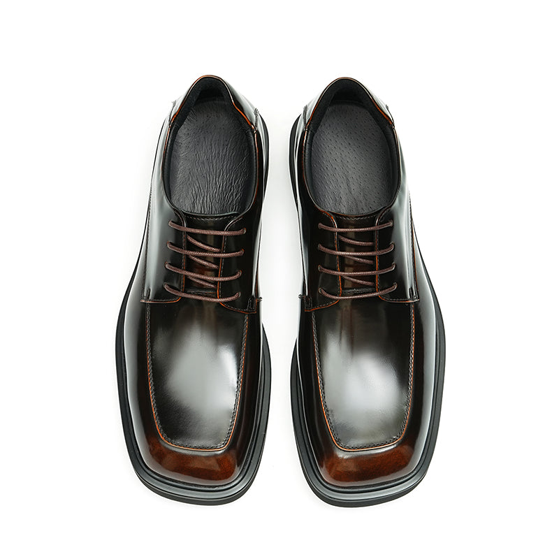 Calfskin Derby Shoes Men Leather Shoes Glossy Square Toe
