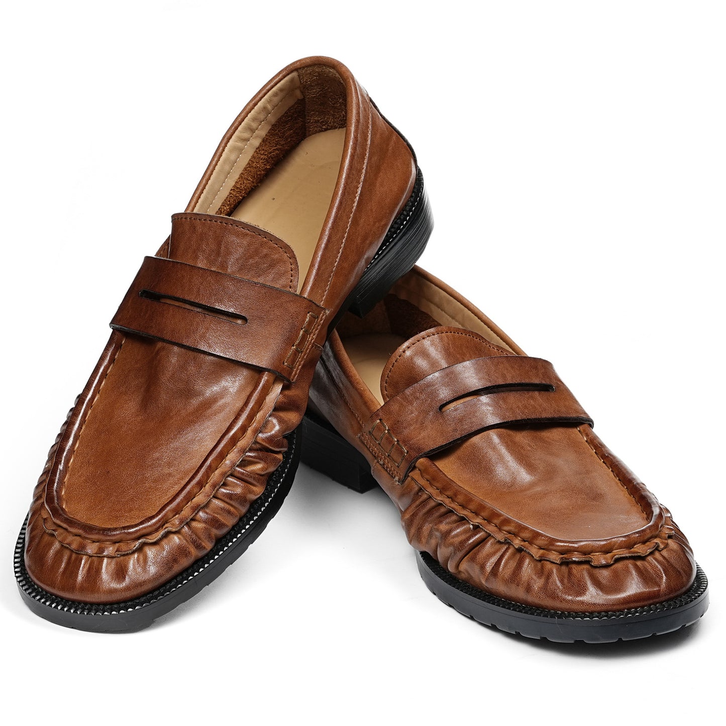 Refined Men's Loafers with Artisanal Wrinkle Texture and Cross-Strap Accent