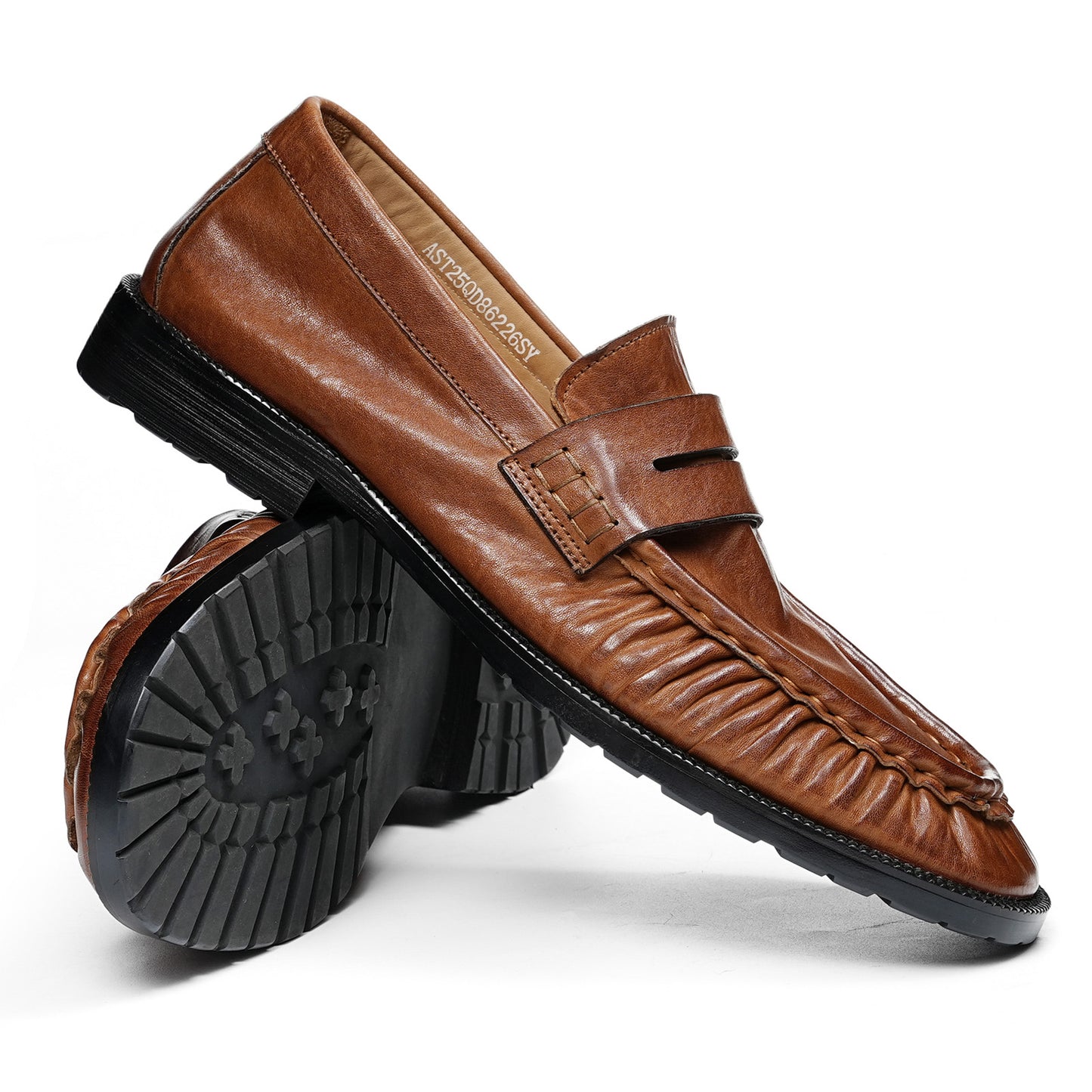 Refined Men's Loafers with Artisanal Wrinkle Texture and Cross-Strap Accent