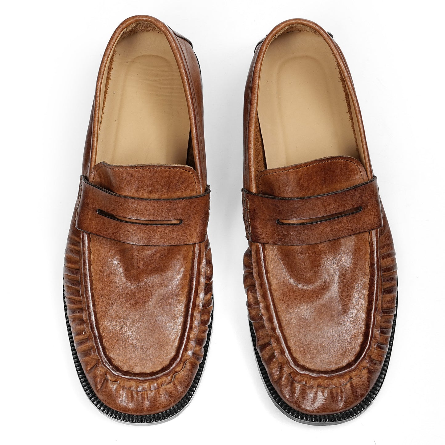Refined Men's Loafers with Artisanal Wrinkle Texture and Cross-Strap Accent