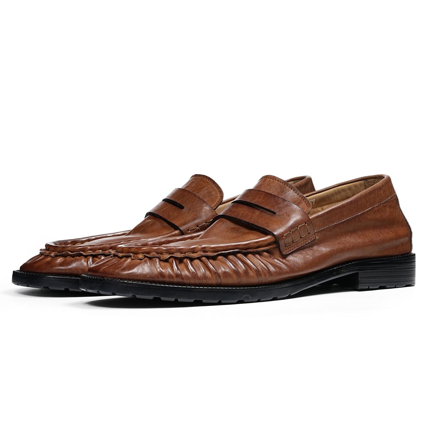 Refined Men's Loafers with Artisanal Wrinkle Texture and Cross-Strap Accent