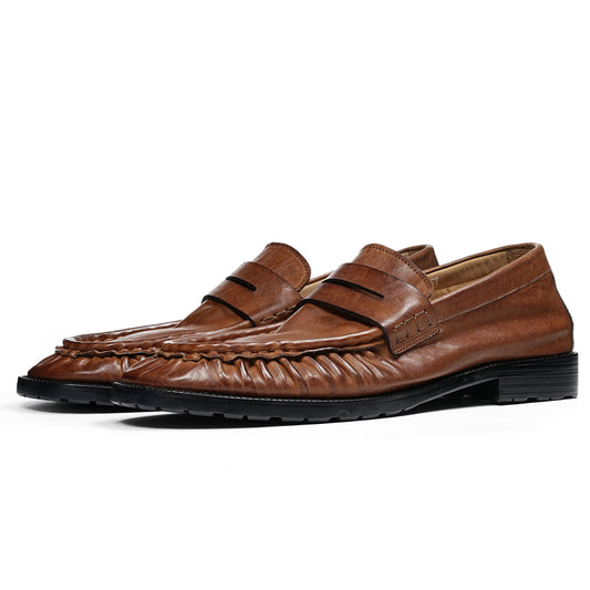 Refined Men's Loafers with Artisanal Wrinkle Texture and Cross-Strap Accent