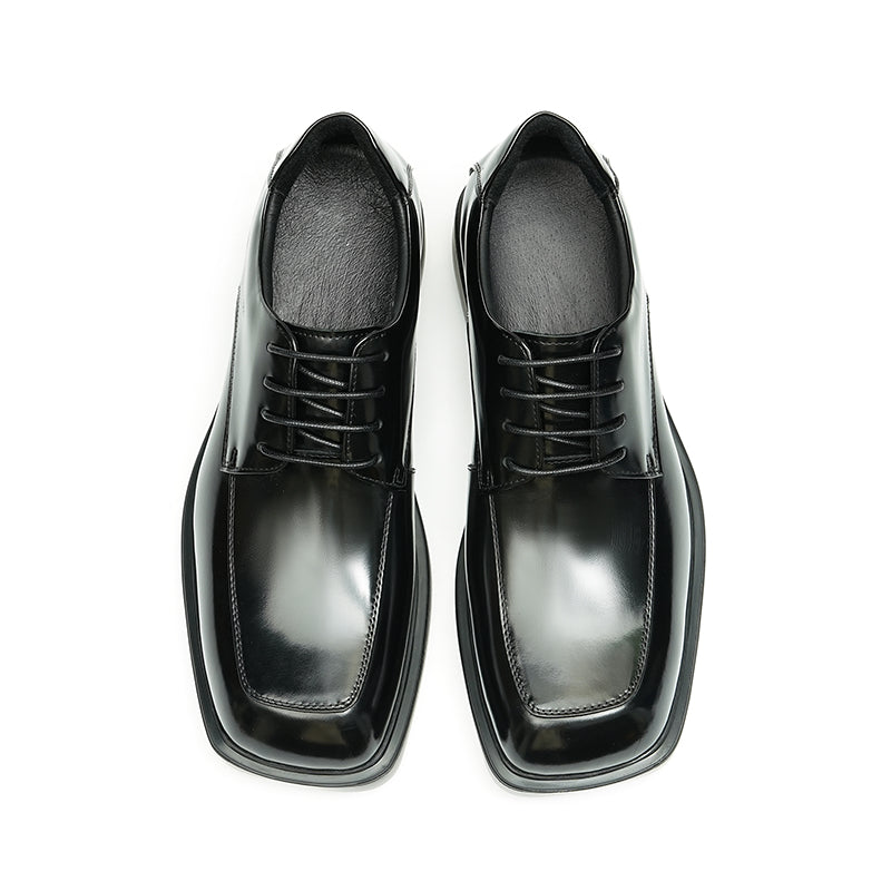 Calfskin Derby Shoes Men Leather Shoes Glossy Square Toe