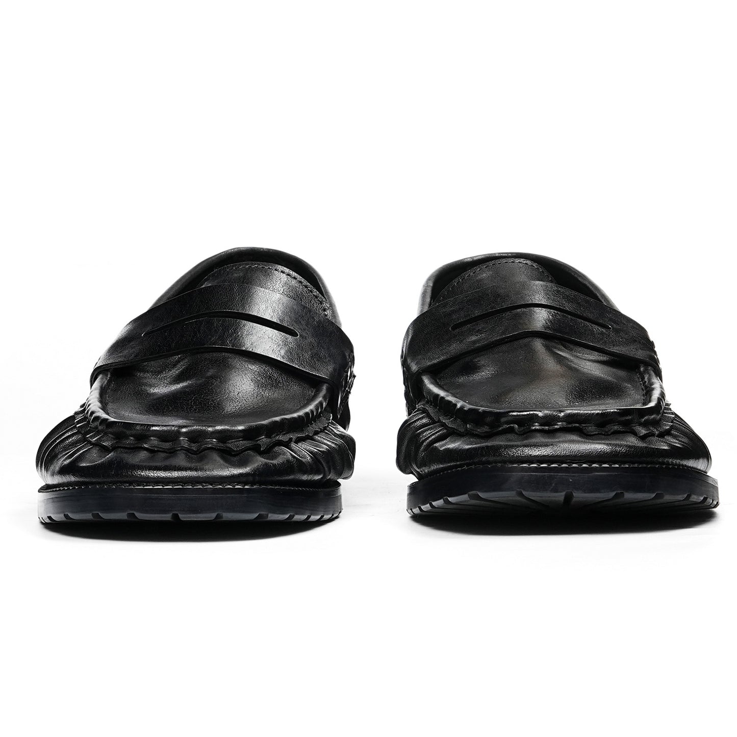 Refined Men's Loafers with Artisanal Wrinkle Texture and Cross-Strap Accent