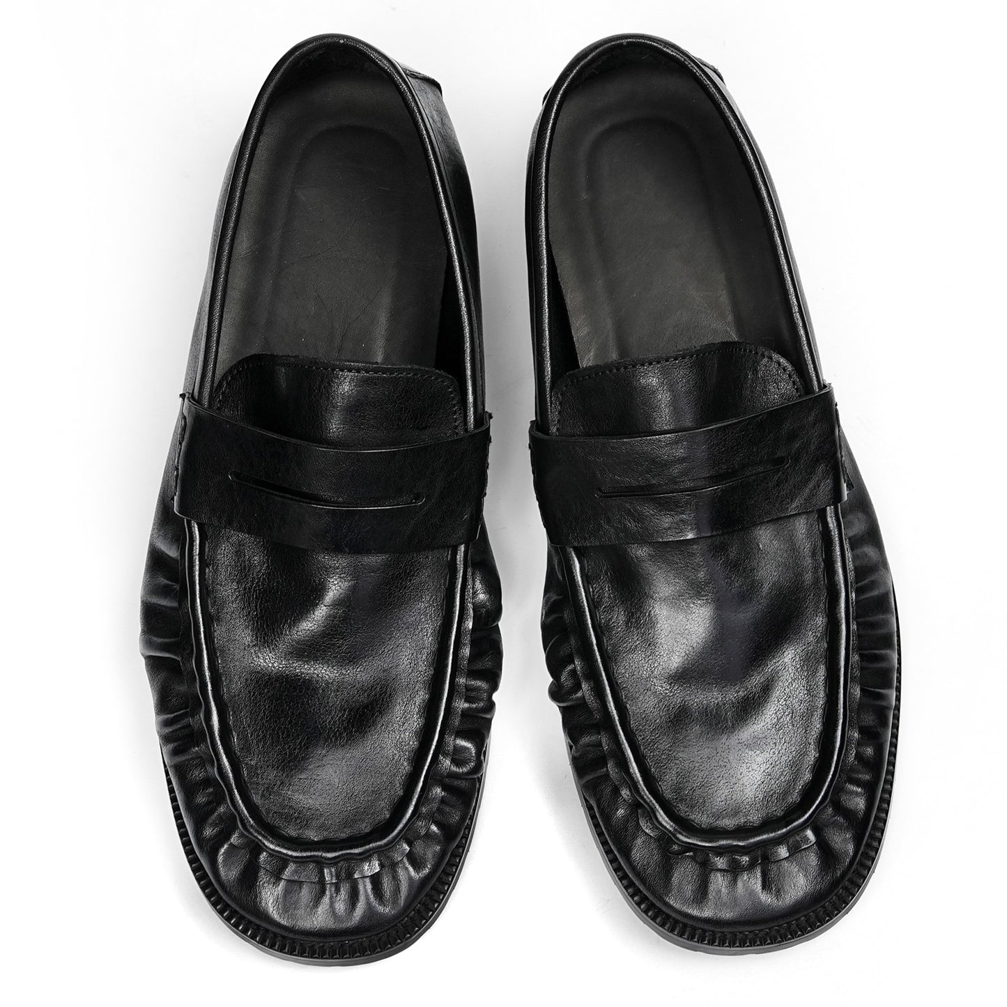 Refined Men's Loafers with Artisanal Wrinkle Texture and Cross-Strap Accent
