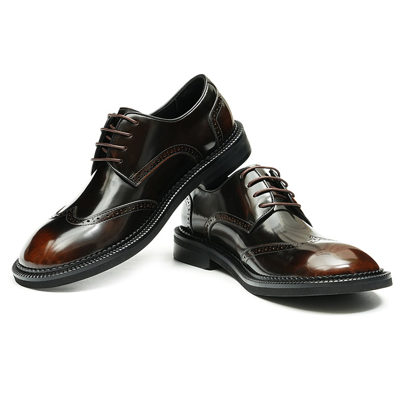 Calfskin Derby Shoes for Men Glossy Brogue Round Toe