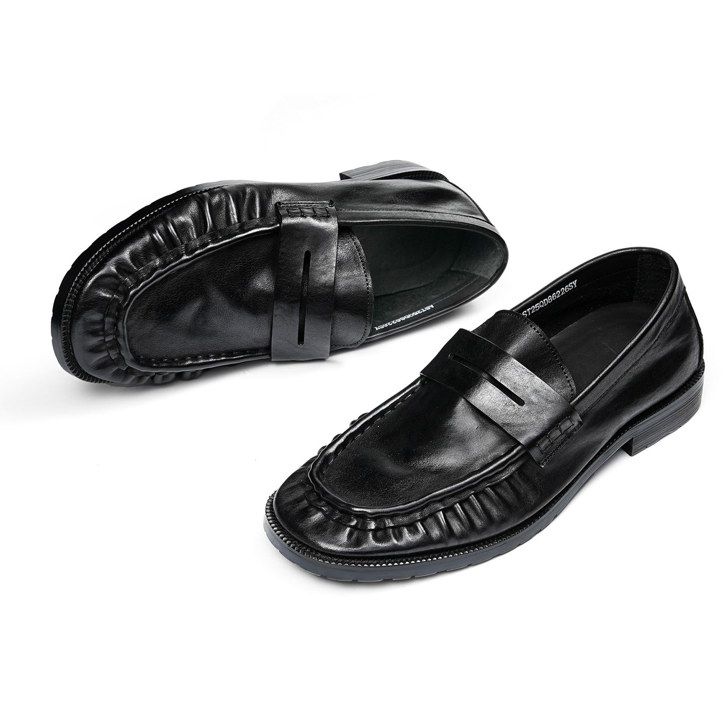 Refined Men's Loafers with Artisanal Wrinkle Texture and Cross-Strap Accent