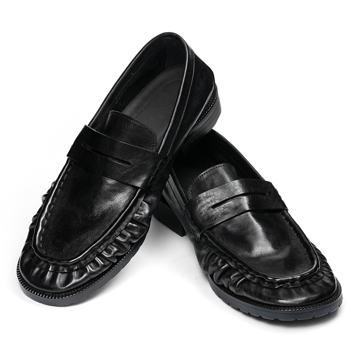 Refined Men's Loafers with Artisanal Wrinkle Texture and Cross-Strap Accent