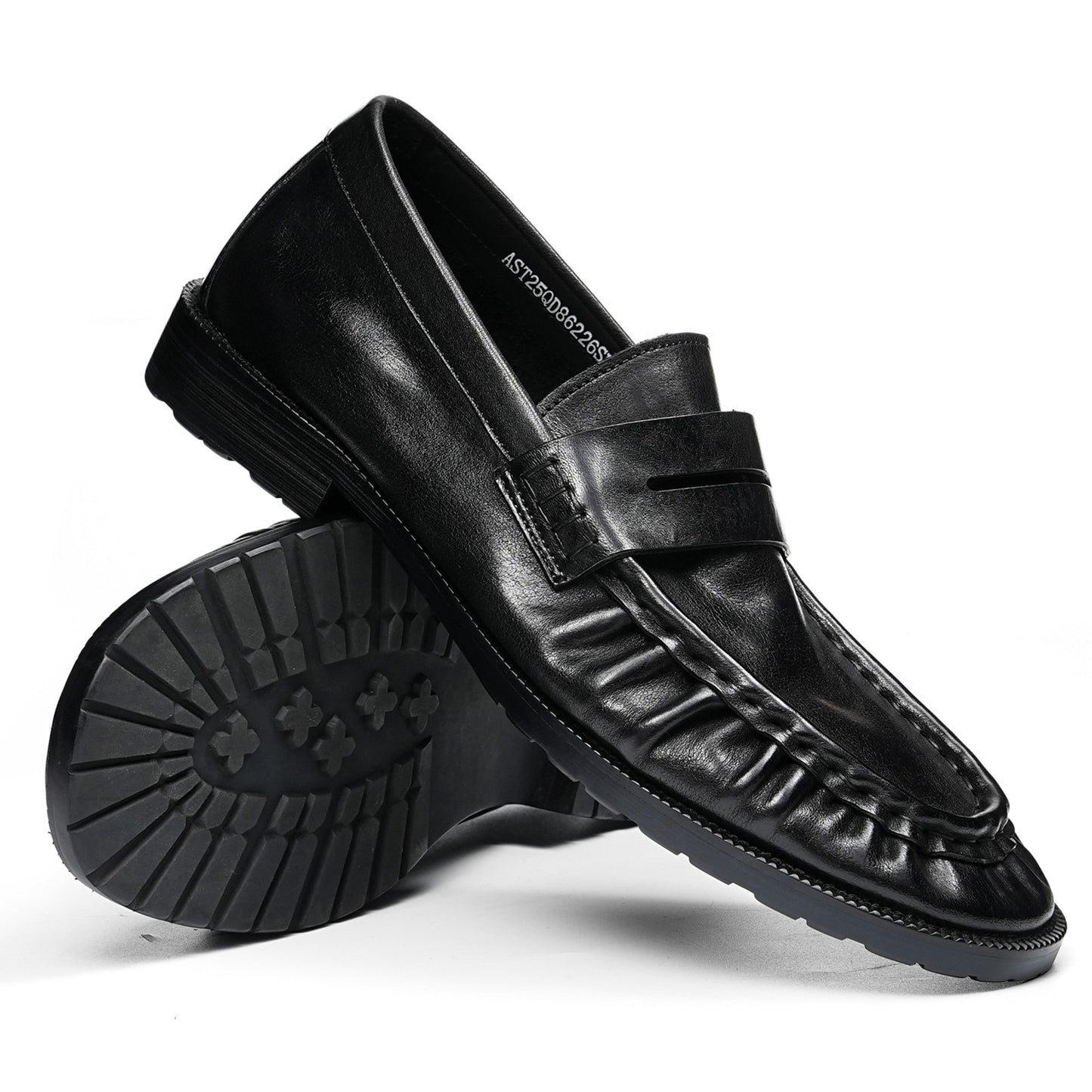 Refined Men's Loafers with Artisanal Wrinkle Texture and Cross-Strap Accent