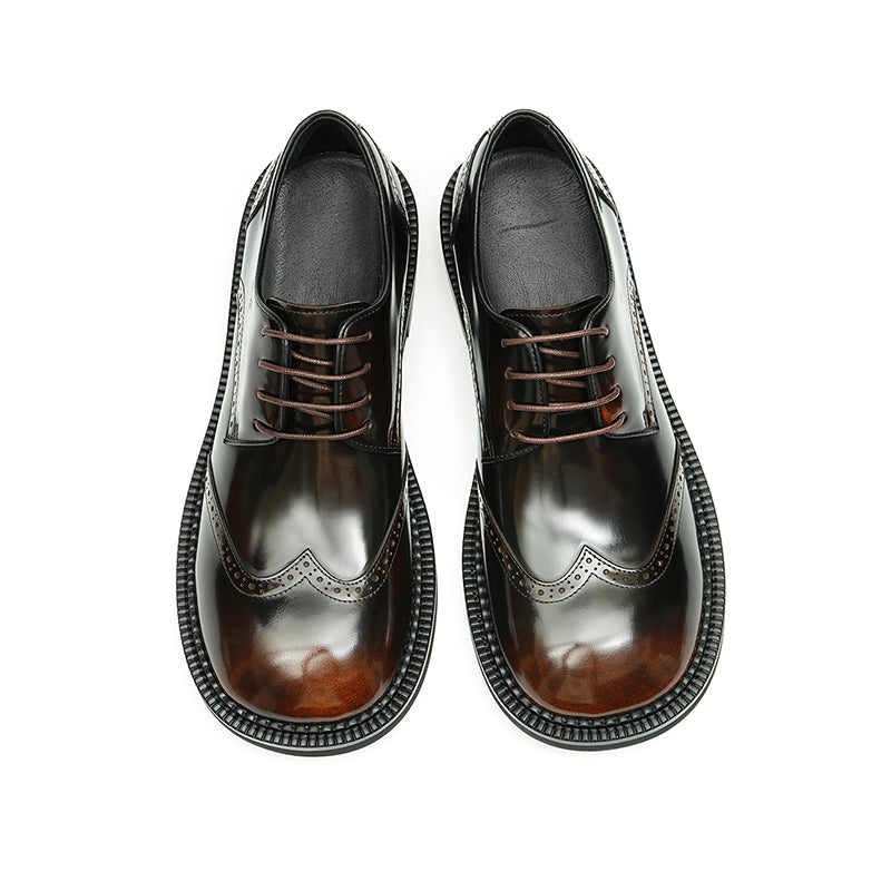 Calfskin Derby Shoes for Men Glossy Brogue Round Toe