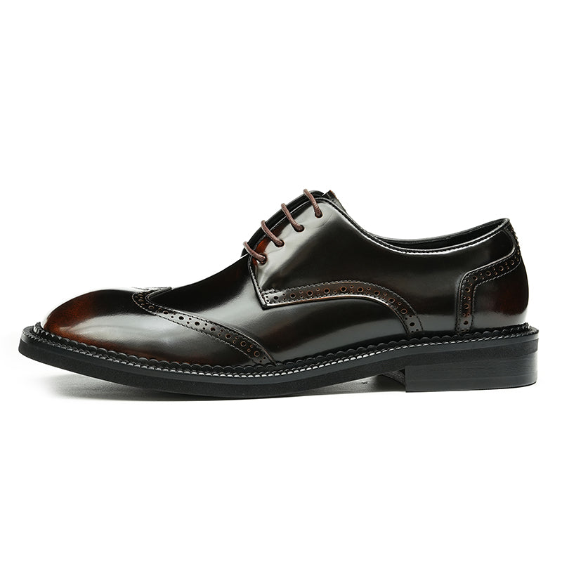 Calfskin Derby Shoes for Men Glossy Brogue Round Toe
