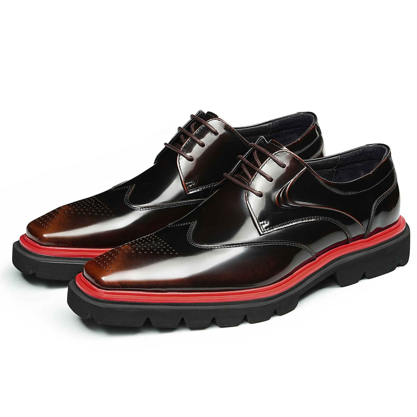 Men's Square-Toe Derbys with Brogue Detailing & Contrast Sole Trim